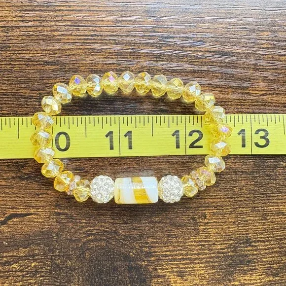 Gemstone Yellow Glass Bead White Crystal Rondel Stretch Bracelet Fashion One SZ - Picture 9 of 10